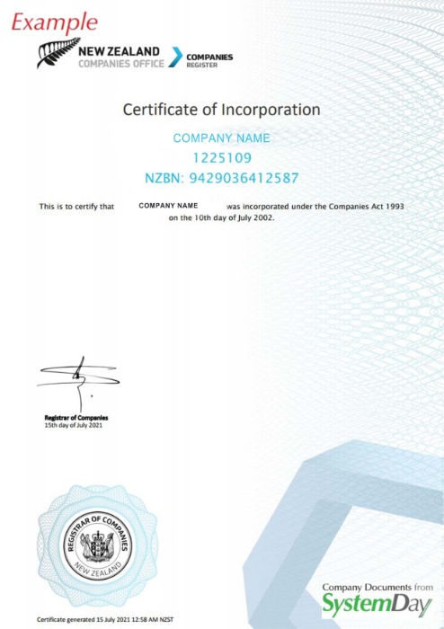 New Zeland Certificate of Registration